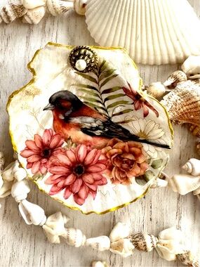 Hand made Shell Magnet or Trinket dish with Bird & Floral Motif 3”